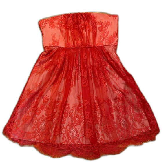 Tibi NWT Red-Orange Strapless‎ Lace Overlay Cocktail Mini Dress, size 12 Party - Picture 1 of 6